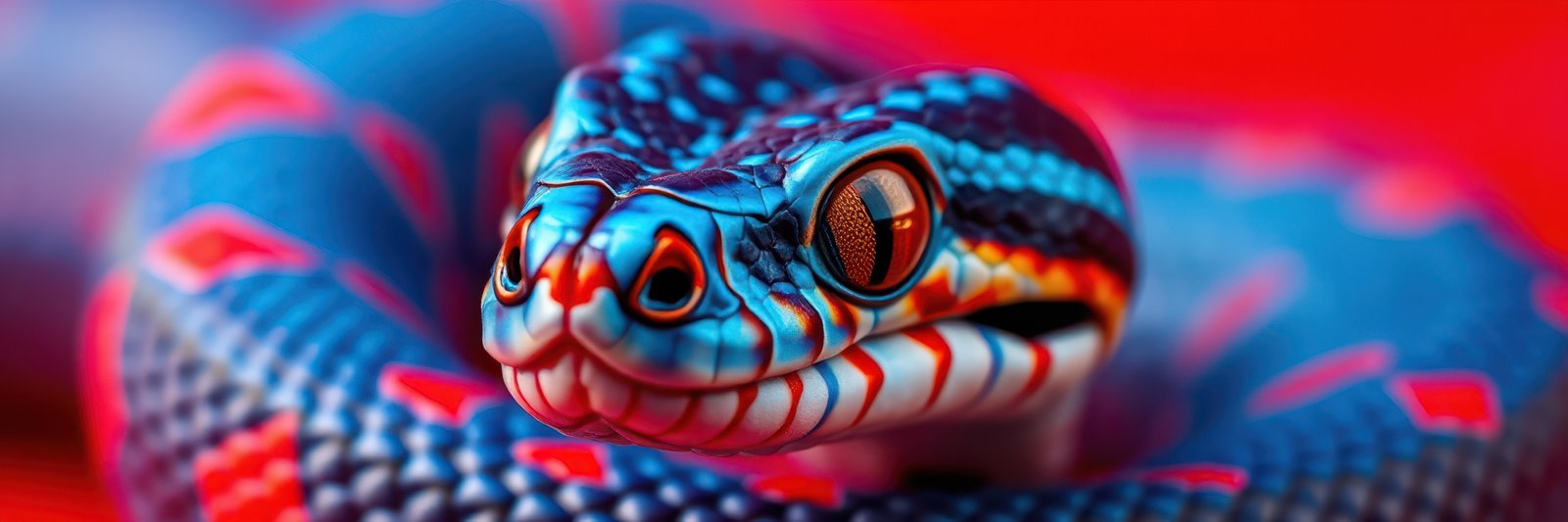 Colorful snake coiled on a vibrant background showcasing its striking scales and unique features